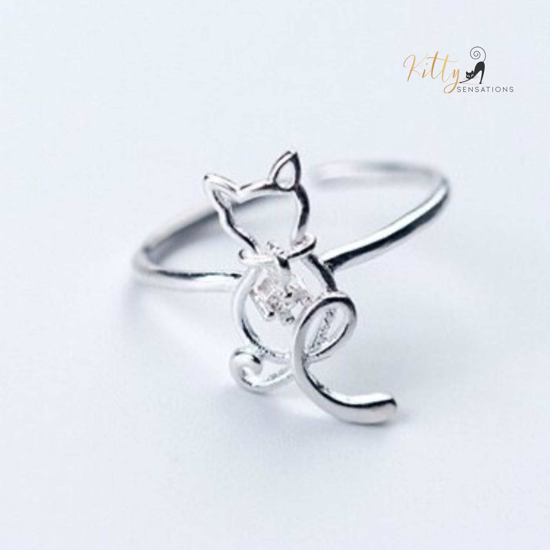 Zircon Heart Cat Ring in Solid 925 Sterling Silver - Adjustable