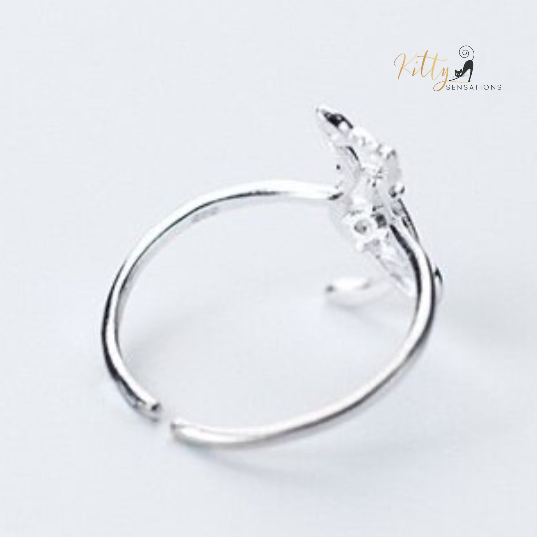 Zircon Heart Cat Ring in Solid 925 Sterling Silver - Adjustable