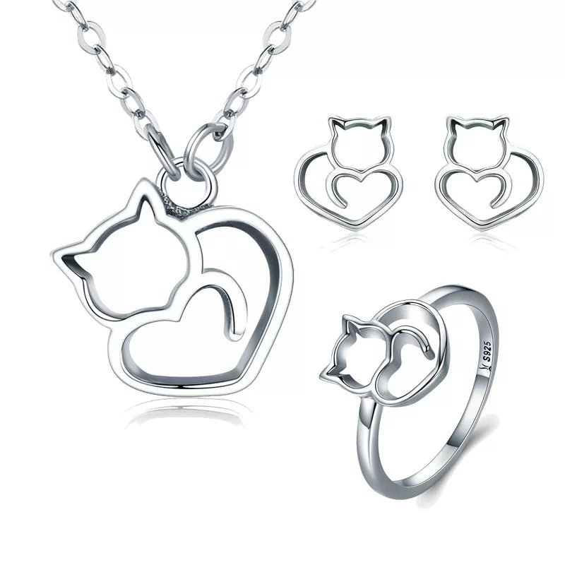 Cat Heart Set in Solid 925 Sterling Silver