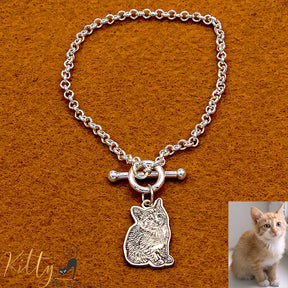 KittySensations™ Custom Cat Charm Bracelet with Personal Engraving in Solid 925 Sterling Silver or Gold Plated Titanium - Your Choice!