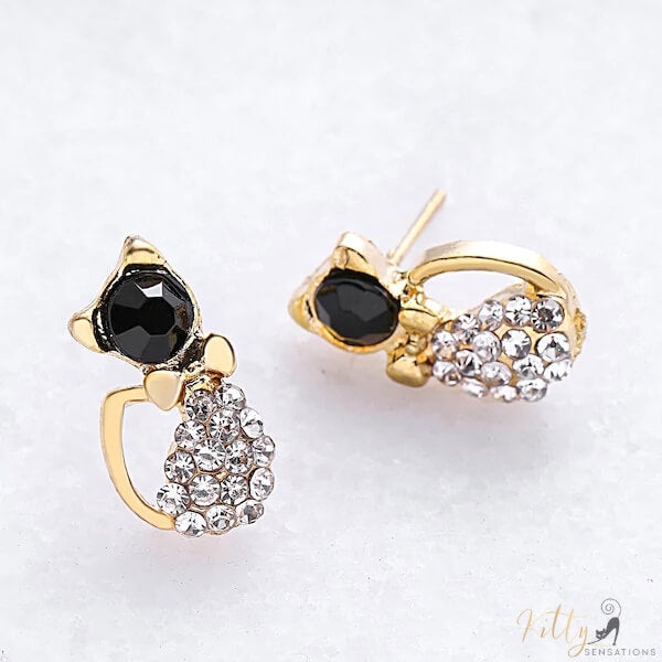 golden cat stud earrings standing and lying on white fabric 4984550-black-cat