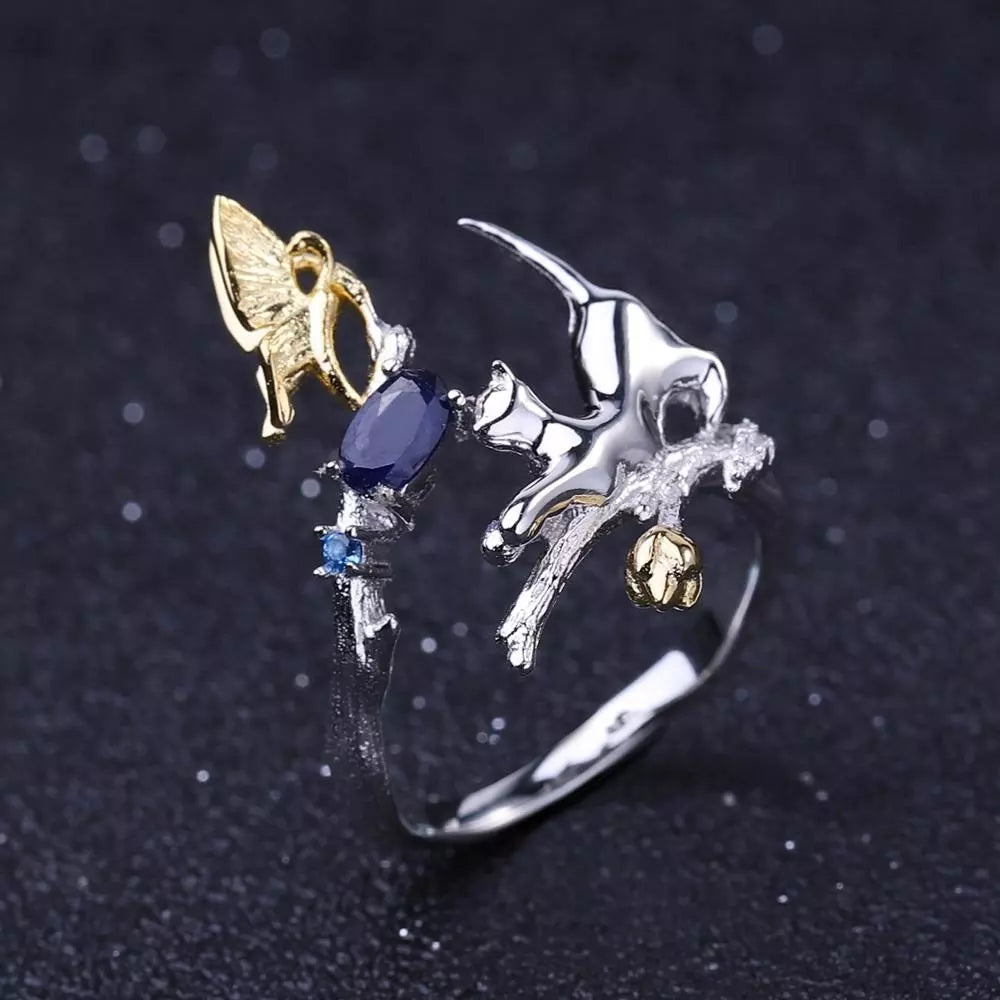 Natural Gemstone Fine Jewelry Cat Ring in Solid Sterling Silver and 18K Gold Plating