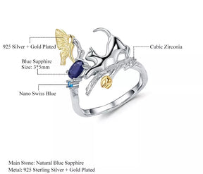 Natural Gemstone Fine Jewelry Cat Ring in Solid Sterling Silver and 18K Gold Plating