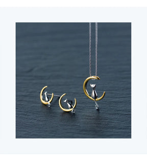 Gold and Silver Moon Kitty Set in Solid 925 Sterling Silver (smaller set)