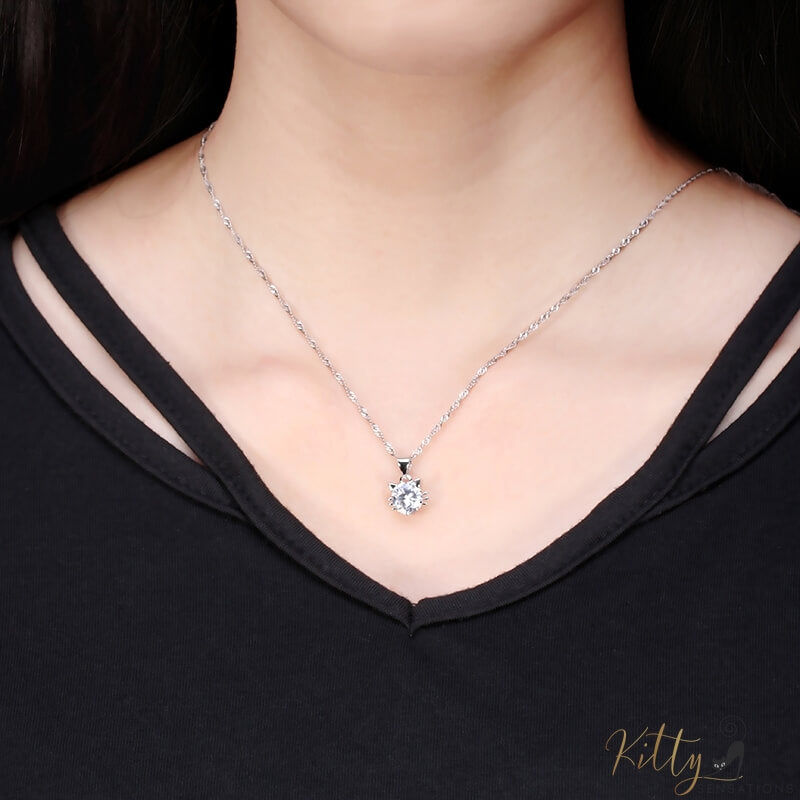 cubic zirconia cat necklace in sterling silver worn around neck 3975943-silver-plated-white