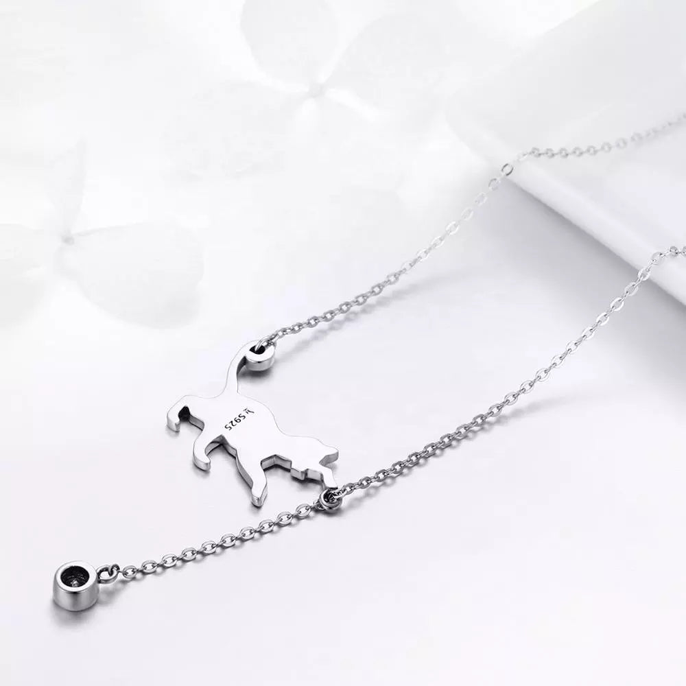 Playful Cat Necklace in Solid 925 Sterling Silver and Zircon