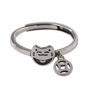 Smiley Cat Ring with Hanging Charm in Solid 925 Sterling Silver
