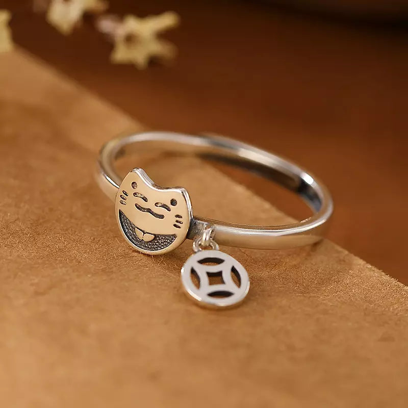 Smiley Cat Ring with Hanging Charm in Solid 925 Sterling Silver