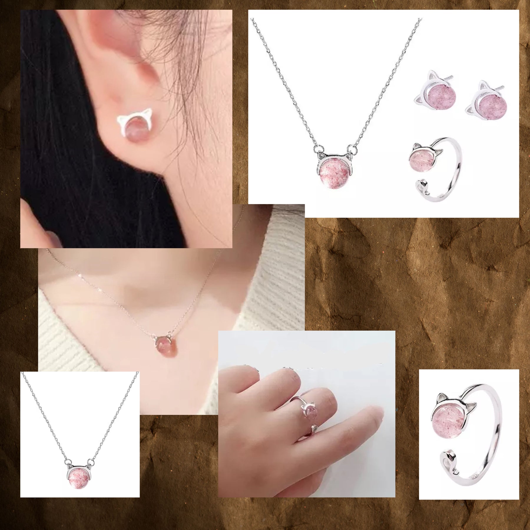 Pretty Pink Cat Jewelry Set in Solid 925 Sterling Silver
