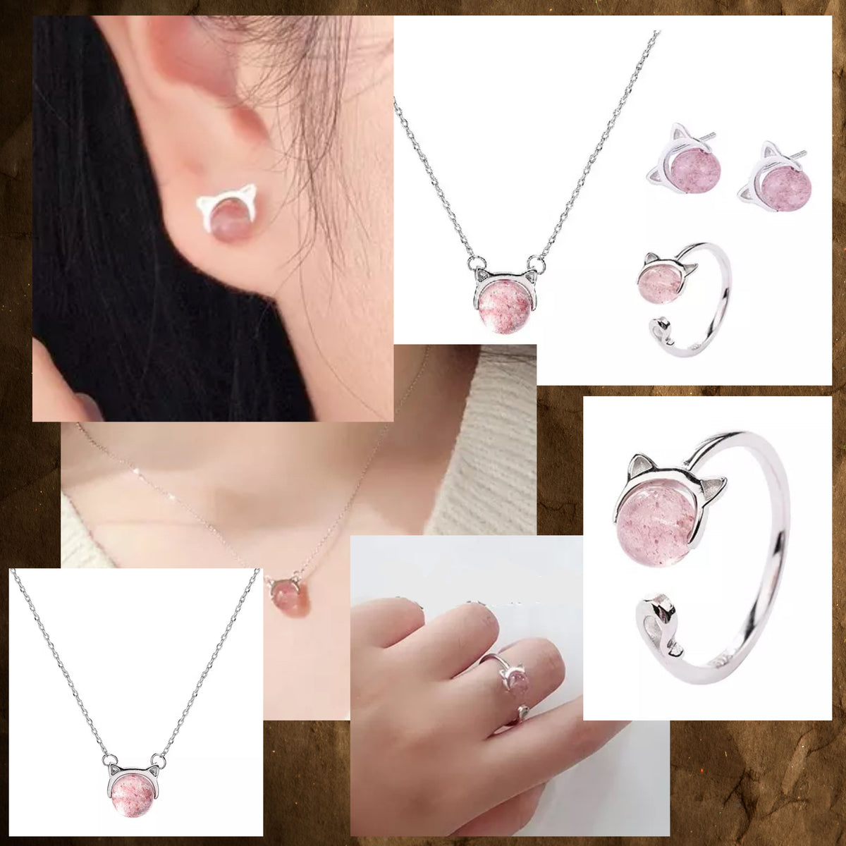 Pretty Pink Cat Jewelry Set in Solid 925 Sterling Silver